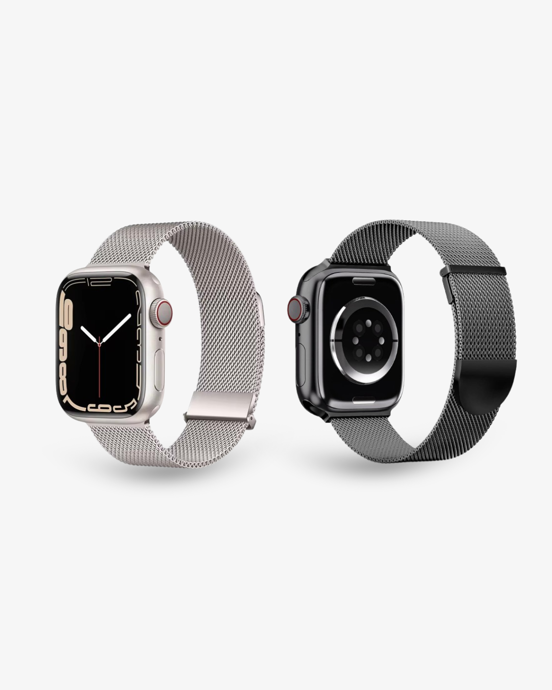 Zwei Apple Watches mit Milanese-Armbändern  links in Silber, rechts in Schwarz, Vorder und Rückansicht